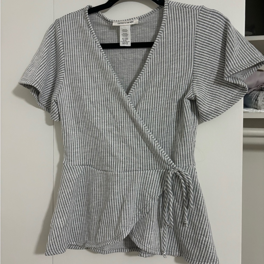 Caution To The Wind Gray V-Neck Wrap Blouse